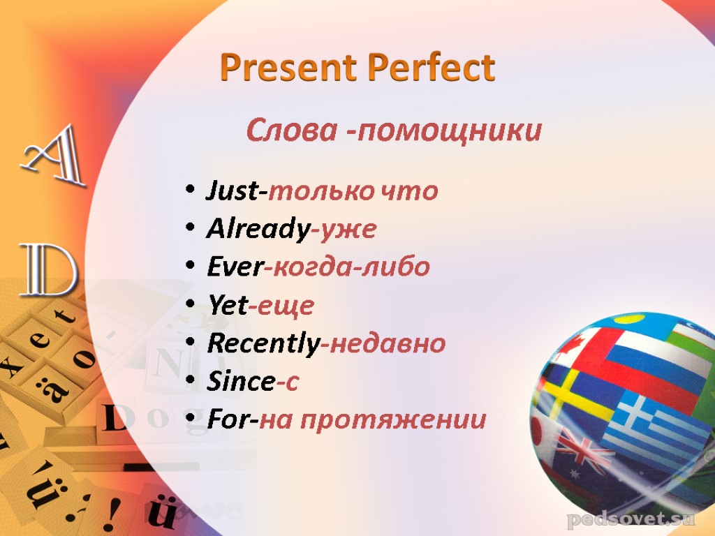 Слова -помощники Present Perfect Just-только что Already-уже Ever-когда-либо Yet-еще Recently-недавно Since-с For-на протяжении